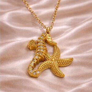 Seahorse Starfish Crystal 18K Gold Stainless Steel Waterproof Necklace